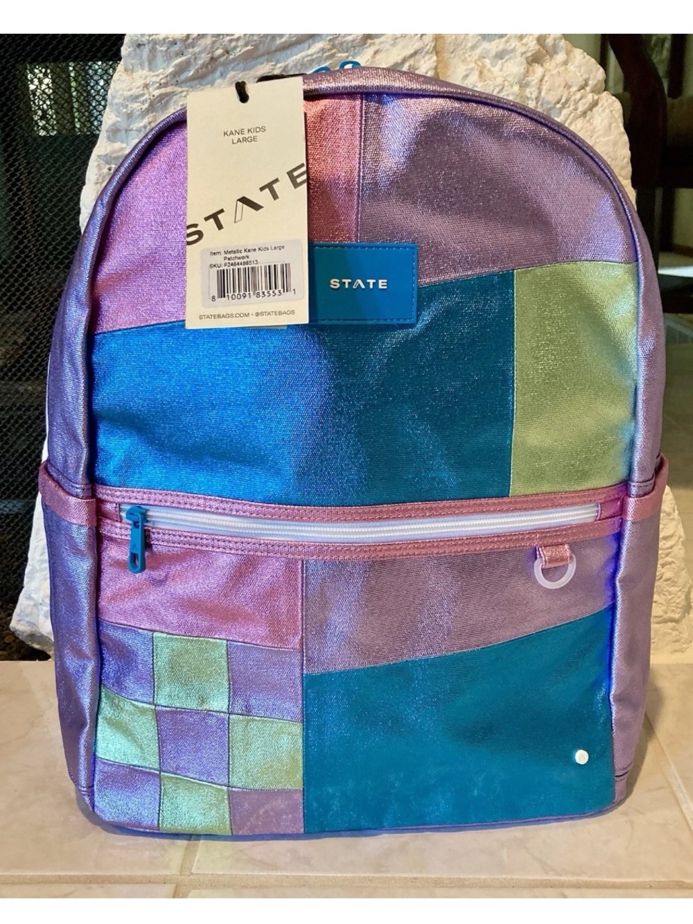 New With Tags STATE Metallic Patchwork Kids Backpack in Purple/Blue/Teal
